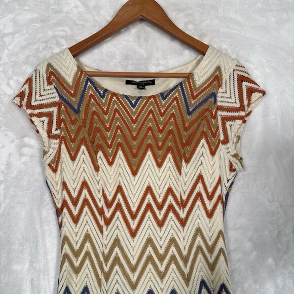 Sharagano Chevron Crochet Stitch Dress 6 Cap Sleeves Retro Boho 70's Earthy - Picture 5 of 11
